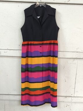 Vintage 70's Sleeveless Black Top Colorblock Stripe Midi Dress